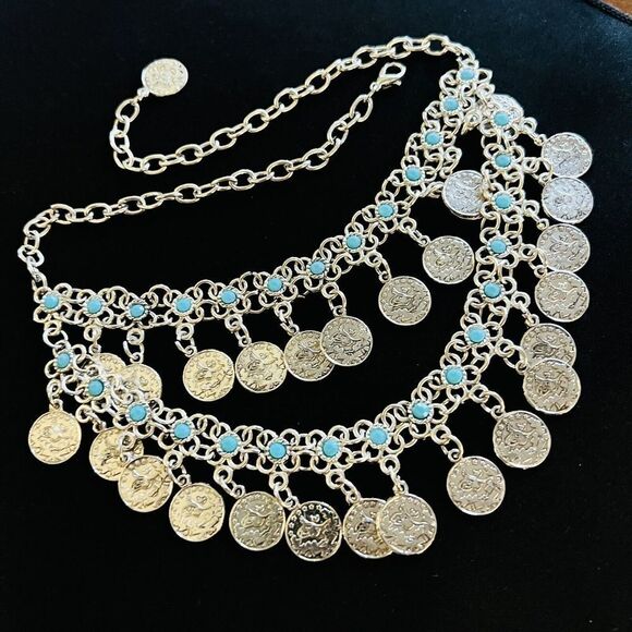 Lucky & Blessed Bohemian Floral Blue Silver Coin Layered Dangle Bib Necklace L&B - Picture 9 of 16
